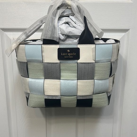 NEW - Kate Spade Woven Tote Bag - Navy, Green, Cream - Picture 2 of 5